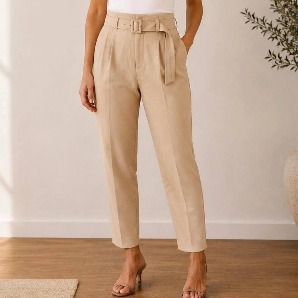 JLUXLABEL Tan High Waist Belted Pleated Tapered Trousers Size Small NWT